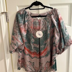 Umgee Tan and Green Blouse Relaxed 3/4 Sleeve
